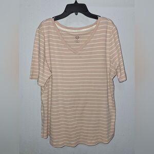 Isaac Mizrahi Beige and White Striped Short Sleeve Tee